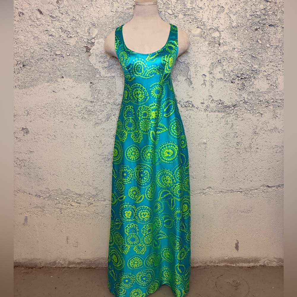 Vintage Vibrant Neon 
Blue and Green Floral Maxi Dress